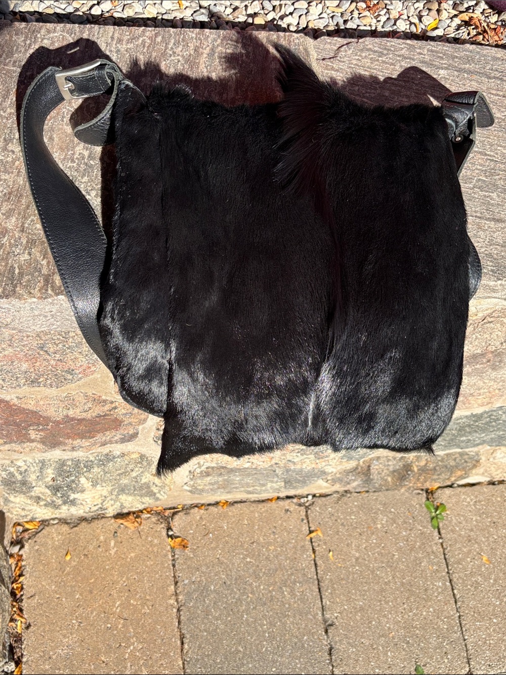 Black Fur Crossbody Bag with Adjustable Leather Strap